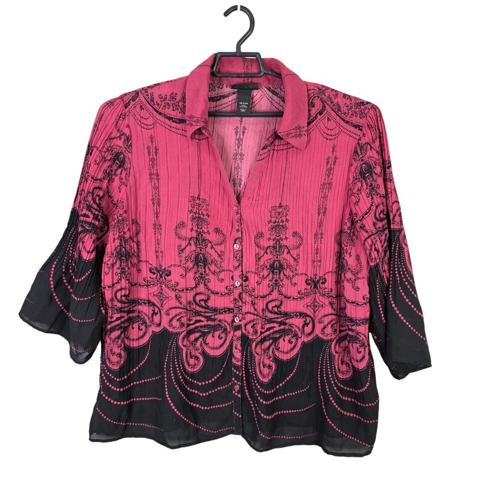 Womens Lane Bryant Pink & Black Sheer Blouse Button Up 3/4 Sleeve Size 18/20W